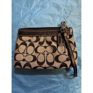 COACH Signature C Fabric Leather Trim Wristlet 7” X 5” Black Gray Silver *pls Rd